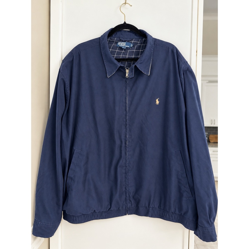 Polo Ralph Lauren Navy Blue Harrington Jacket Plaid Lined 3X Big Logo Zip Up